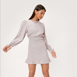 Gingham long sleeve shirred mini dress